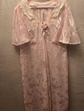 Vintage Cottagecore Pink Bamboo Burnout Dress Lace Collar Romantic Maxi
